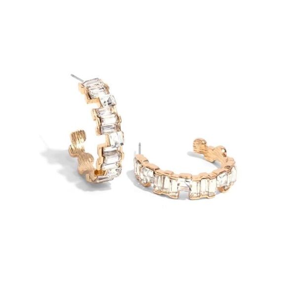 Paparazzi Fashionably Framed Rhinestone Baguette Hoop Earrings Gold Large New - Picture 2 of 2